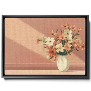 A Vase Filled With Flowers On A Pink Background, Minimalist Illustrator Style, Dark Beige And Amber, Restrained Serenity, Light Orange And Dark Emerald, Canvas
