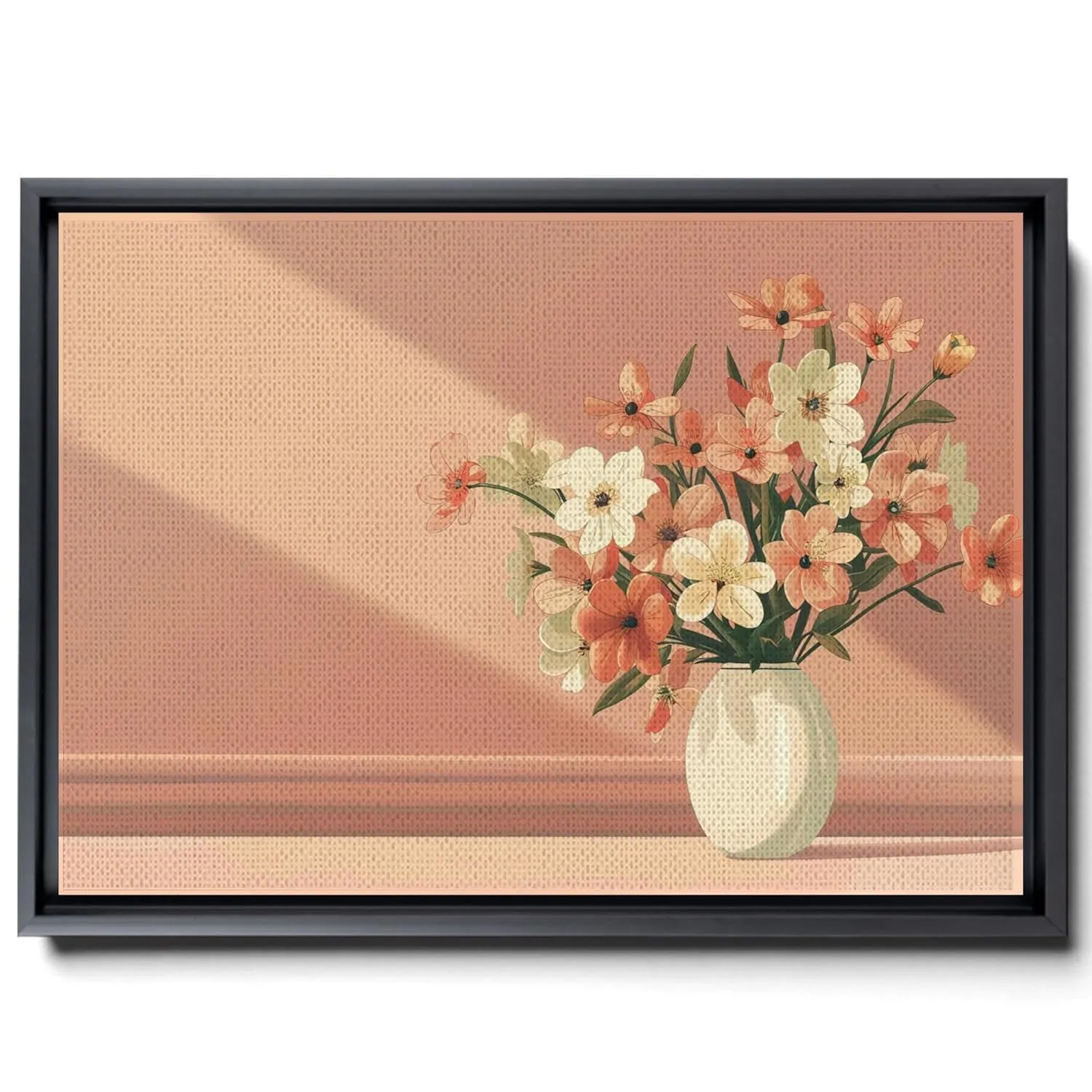 A Vase Filled With Flowers On A Pink Background, Minimalist Illustrator Style, Dark Beige And Amber, Restrained Serenity, Light Orange And Dark Emerald, Canvas