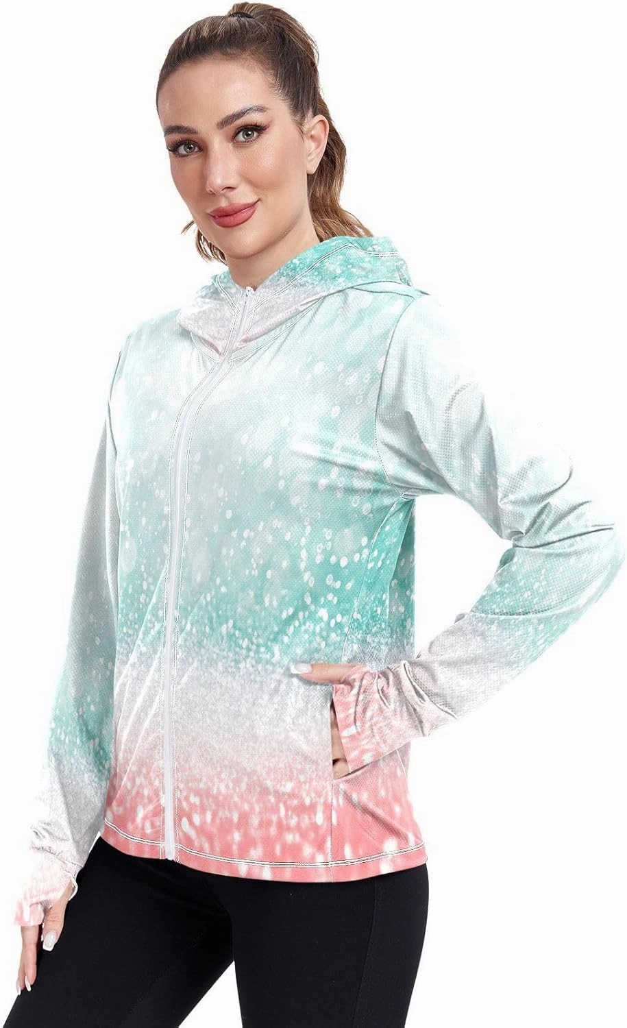 Abstract Teal Green Glitter Coral Pink Sun Protection Hoodie Upf 50 , Long Sleeve Zip up Outdoor Clothes