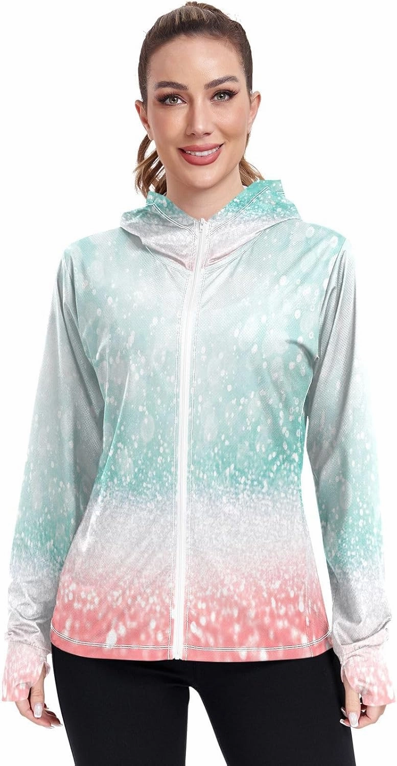Abstract Teal Green Glitter Coral Pink Sun Protection Hoodie Upf 50 , Long Sleeve Zip up Outdoor Clothes