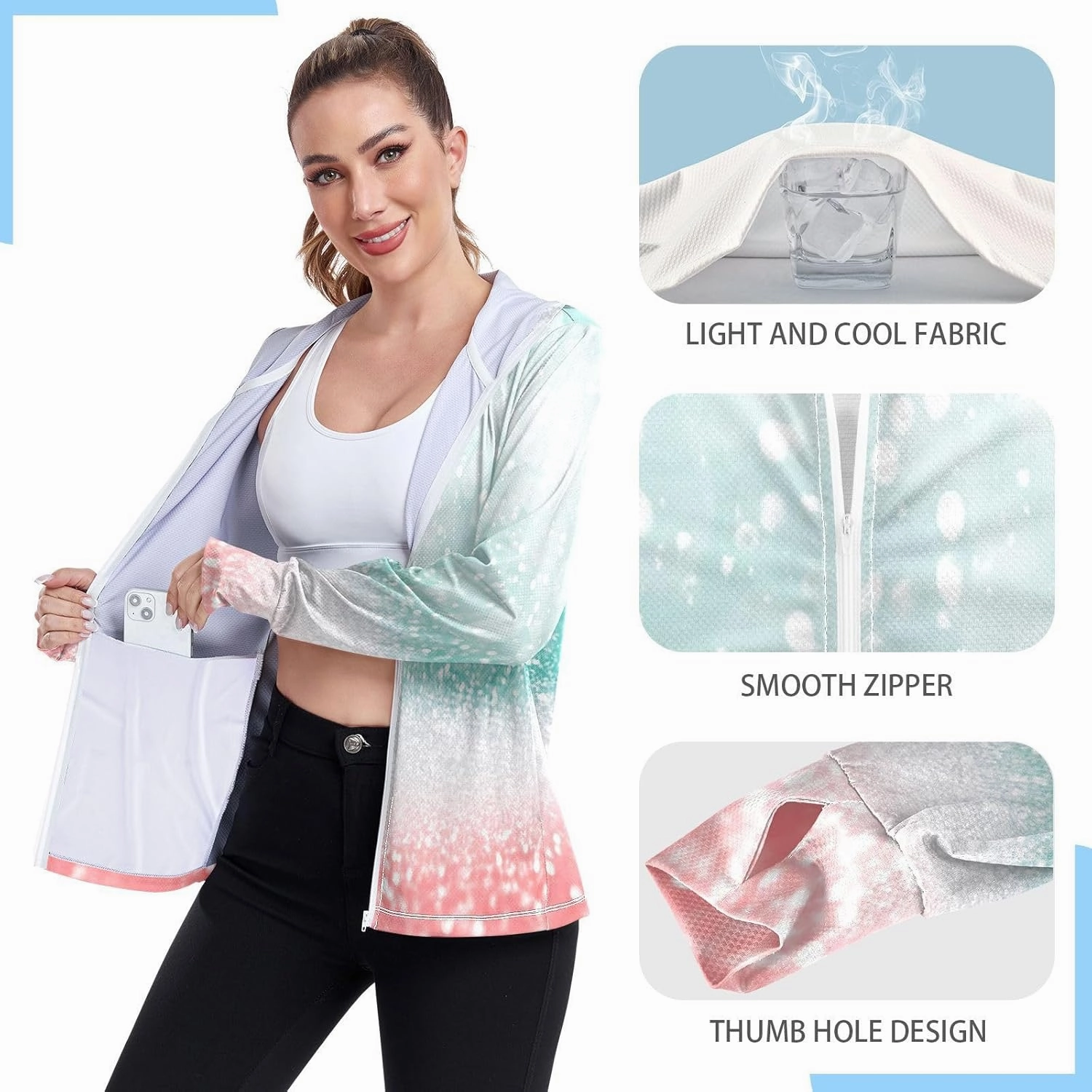 Abstract Teal Green Glitter Coral Pink Sun Protection Hoodie Upf 50 , Long Sleeve Zip up Outdoor Clothes