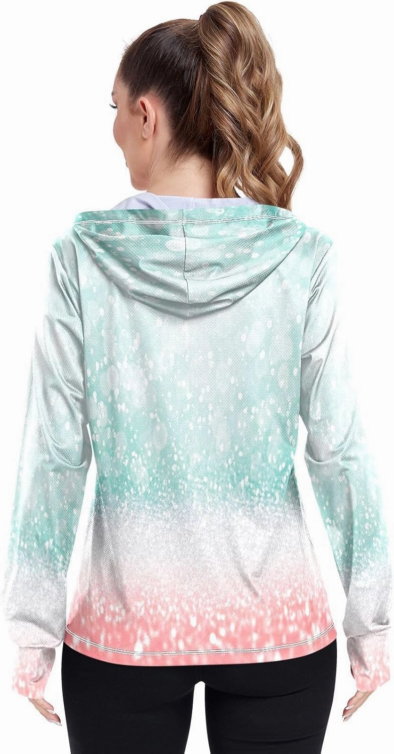 Abstract Teal Green Glitter Coral Pink Sun Protection Hoodie Upf 50 , Long Sleeve Zip up Outdoor Clothes