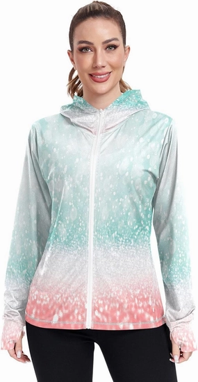 Abstract Teal Green Glitter Coral Pink Sun Protection Hoodie Upf 50 , Long Sleeve Zip up Outdoor Clothes