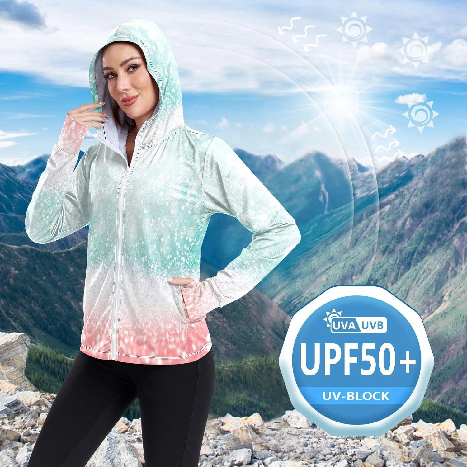 Abstract Teal Green Glitter Coral Pink Sun Protection Hoodie Upf 50 , Long Sleeve Zip up Outdoor Clothes