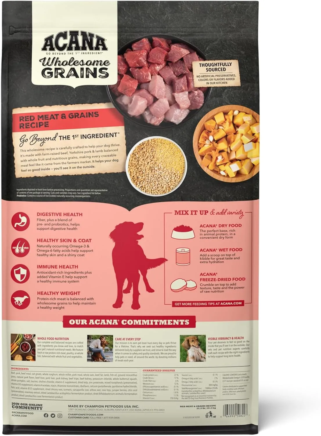 ACANA Wholesome Grains Dry Dog Food, Red Meat and Grains, Gluten Free, Beef, Pork, and Lamb Recipe, 22.5lb