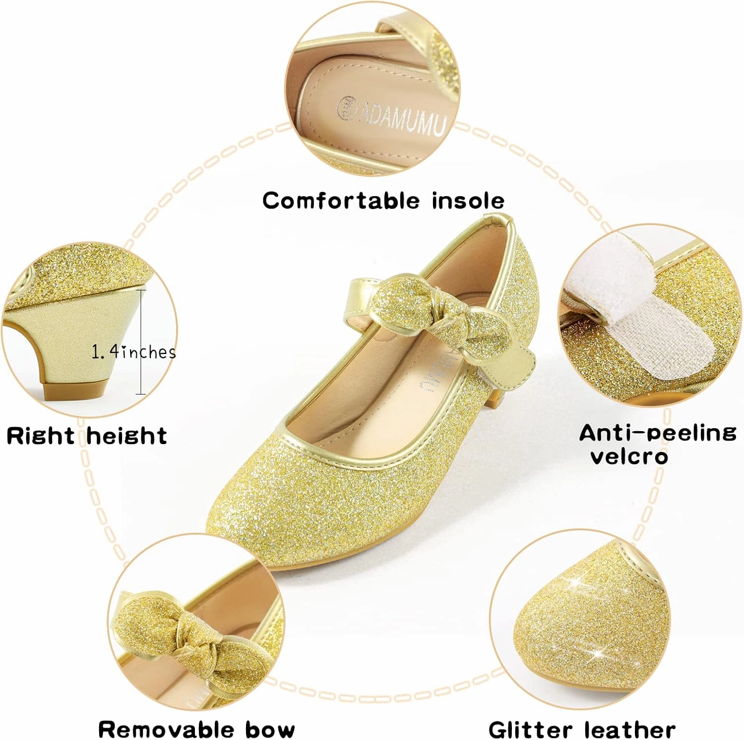 ADAMUMU Little Girls Princess Shoes Glittler Dress Shoes for Gilrs Toddler Girl Heels for Christmas Parties and Holiday Celebrations