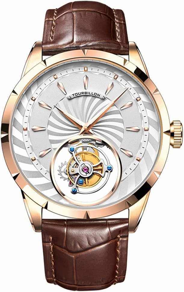 Aesop Men's Genuine Mechanical Hand-Wind Tourbillon Starry Sky Luminous Wrist Watch Business Dress Watches Leather Strap (Rose White)