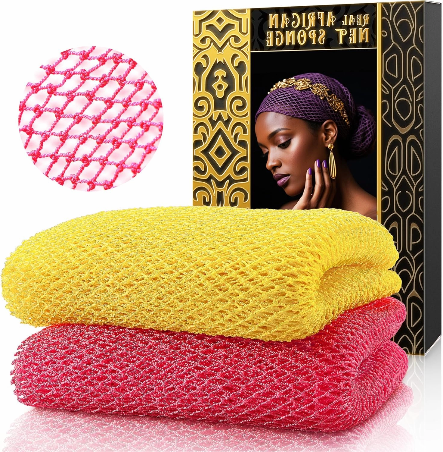 African Net Sponge - 2 Pieces Real Exfoliating Bath Sponge, Owned Body Scrubber for Shower, Gentle for Sensitive/Dry/Acne Skin, Long-Lasting Back & Skin Exfoliator（Yellow Pink）