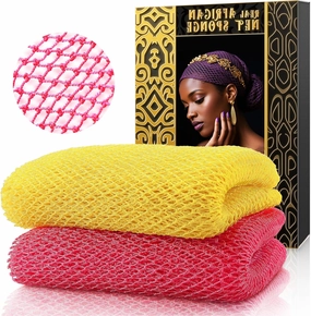 African Net Sponge - 2 Pieces Real Exfoliating Bath Sponge, Owned Body Scrubber for Shower, Gentle for Sensitive/Dry/Acne Skin, Long-Lasting Back & Skin Exfoliator（Yellow Pink）