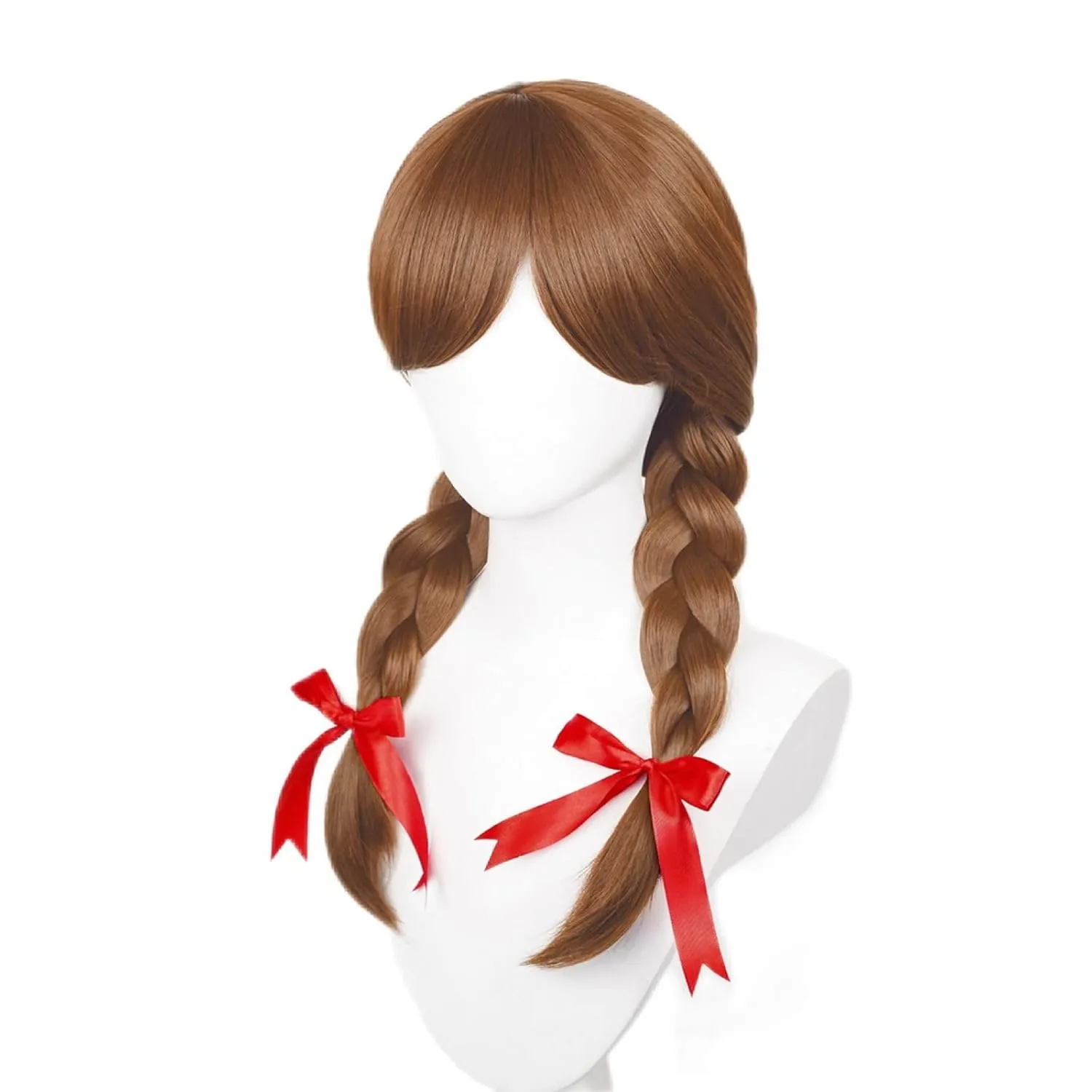 Aicos Brown Braid Cosplay Wig for Women Horror Doll Annabelle Cosplay Long Brown Costume Wigs with Red-Bow for Halloween   Wig Cap