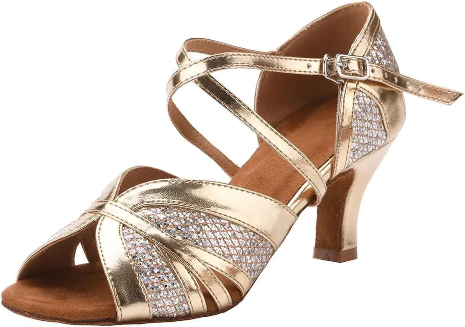 Akanu Women's Latin Dance Shoes Female's Ballroom Salsa Dance Shoes with 2.3" Hell(D-Style Size 6) Gold