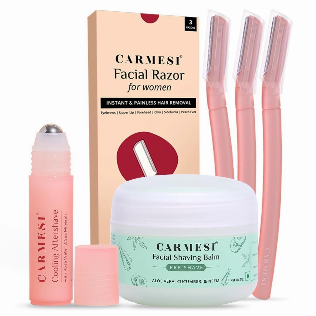 All-in-One Face Shaving Kit for Women | 1 Pre-Shave Balm   3 Reusable Face Razors   1 Aftershave Roll On | Instant & Painless Facial Hair Removal | Cooling Effect | Soft & Glowing Skin