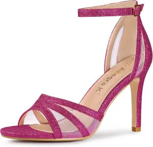 Allegra K Women's Glitter Ankle Strap Hot Pink Stiletto Heels Sandals 10.5 M US