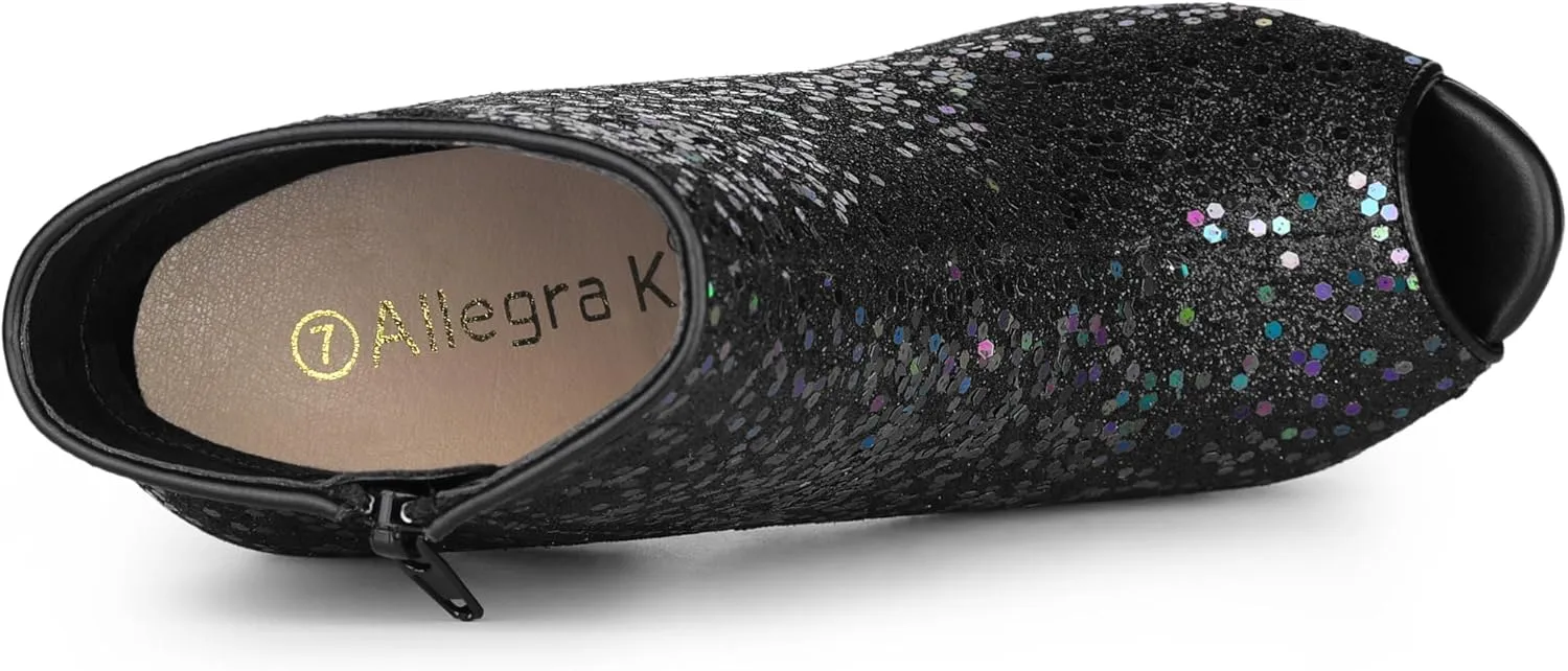 Allegra K Women's Glitter Platform Chunky Heeled Open Toe Heel Ankle Boots