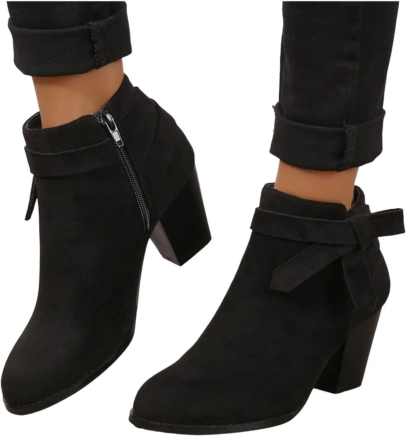 AMDBEL Booties for Women Dressy 2024 Ankle Boots Tie Knot Chelsea Pump Boots Closed Toe Stacked Heel Booties Shoes