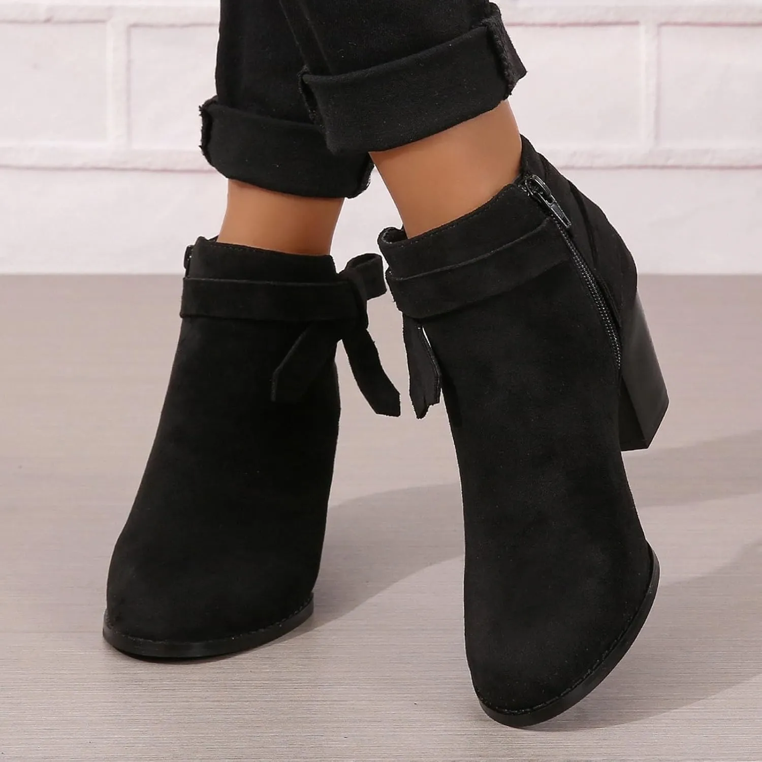 AMDBEL Booties for Women Dressy 2024 Ankle Boots Tie Knot Chelsea Pump Boots Closed Toe Stacked Heel Booties Shoes