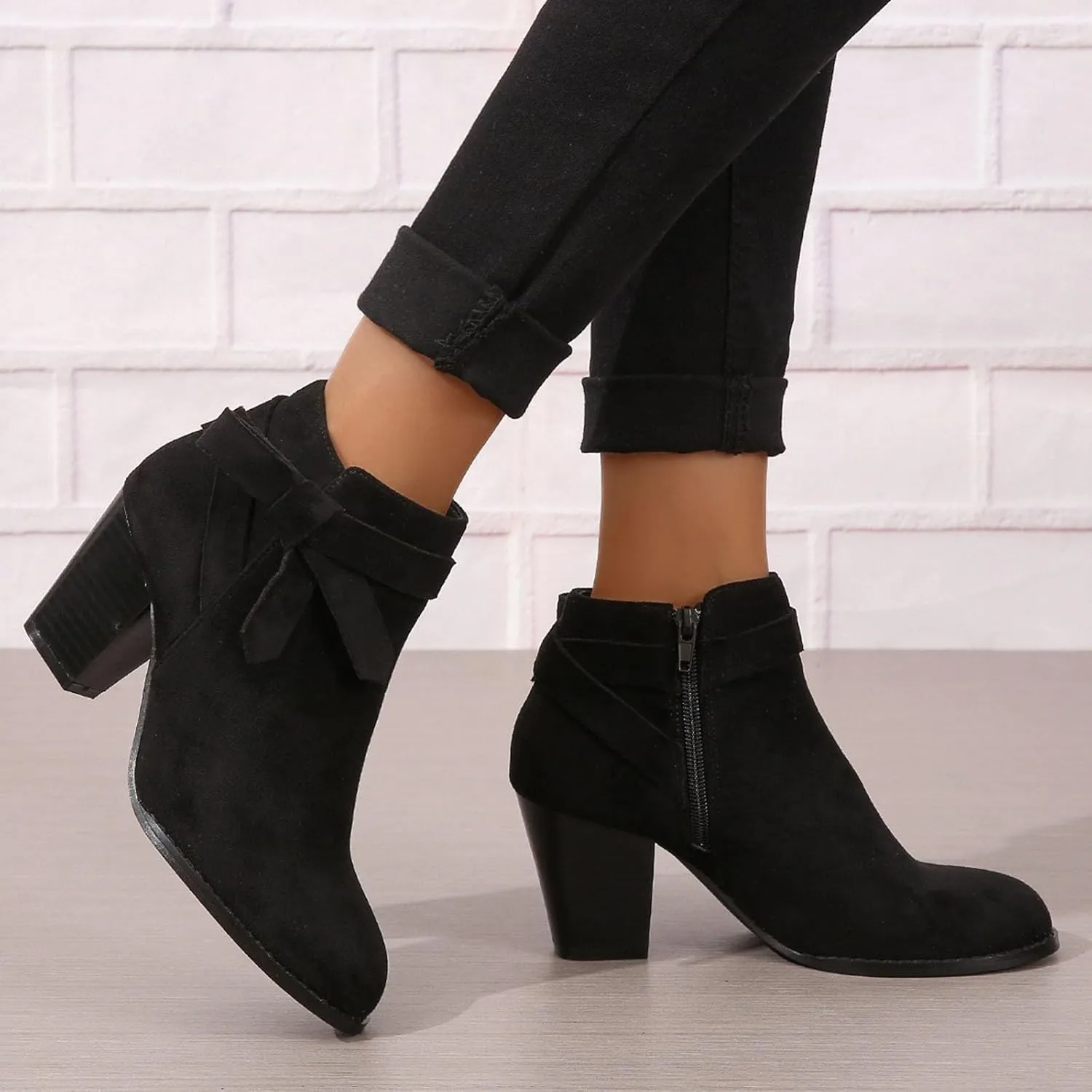 AMDBEL Booties for Women Dressy 2024 Ankle Boots Tie Knot Chelsea Pump Boots Closed Toe Stacked Heel Booties Shoes