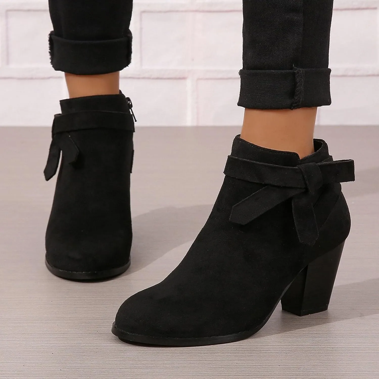 AMDBEL Booties for Women Dressy 2024 Ankle Boots Tie Knot Chelsea Pump Boots Closed Toe Stacked Heel Booties Shoes