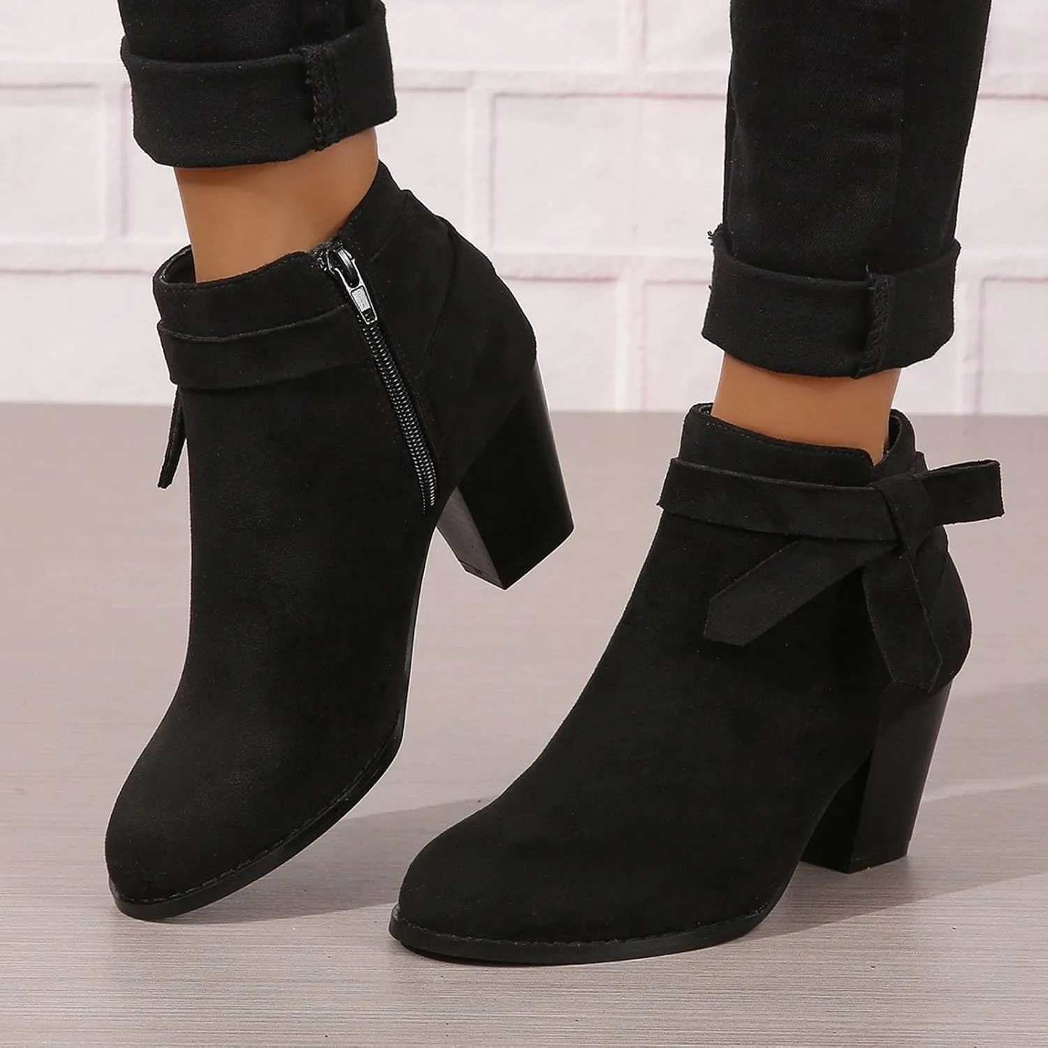 AMDBEL Booties for Women Dressy 2024 Ankle Boots Tie Knot Chelsea Pump Boots Closed Toe Stacked Heel Booties Shoes