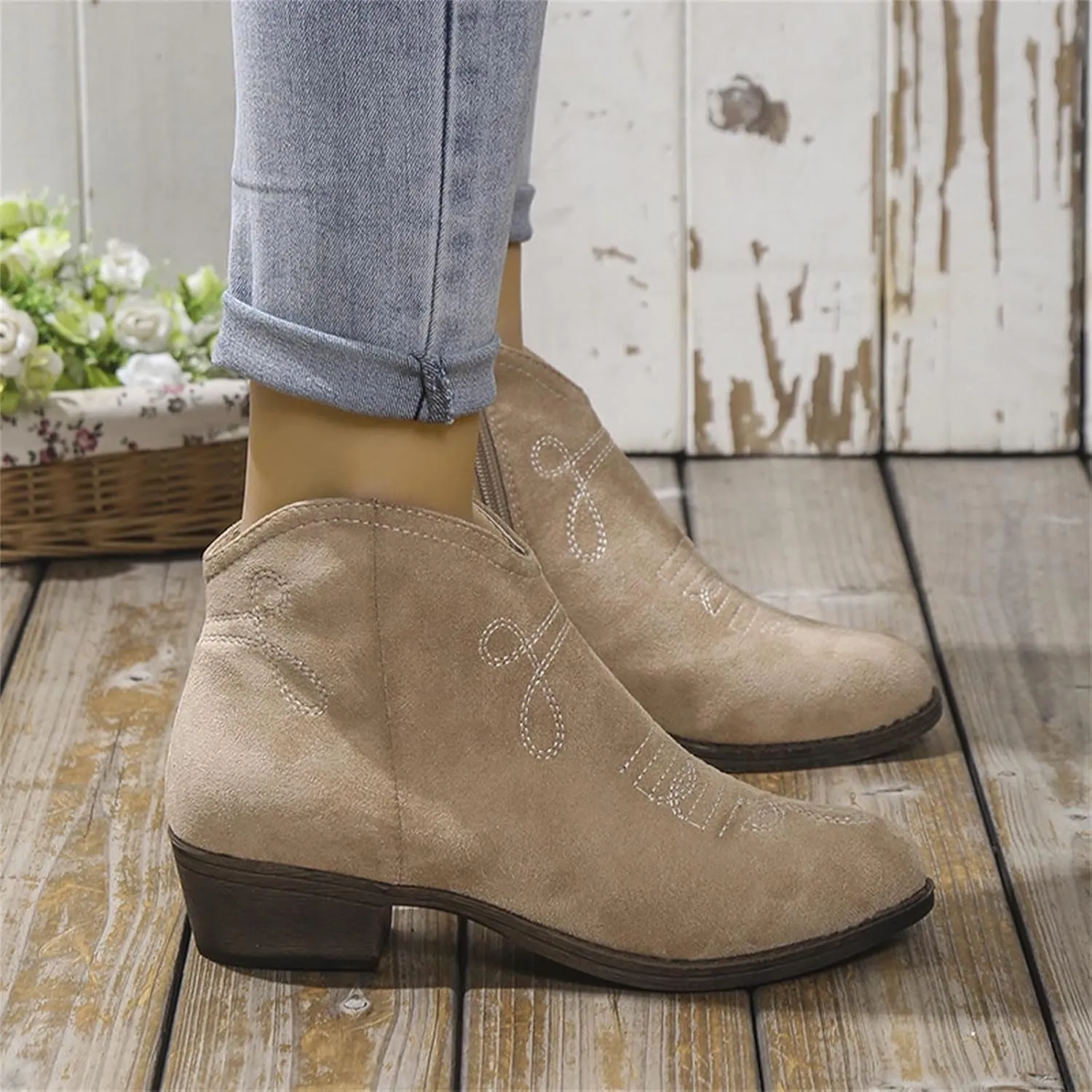 AMDBEL Fall Boots for Women 2024, Women's Ankle Boots Low Heel Short Boots Fashion Winter Walking Shoes with Side Zipper