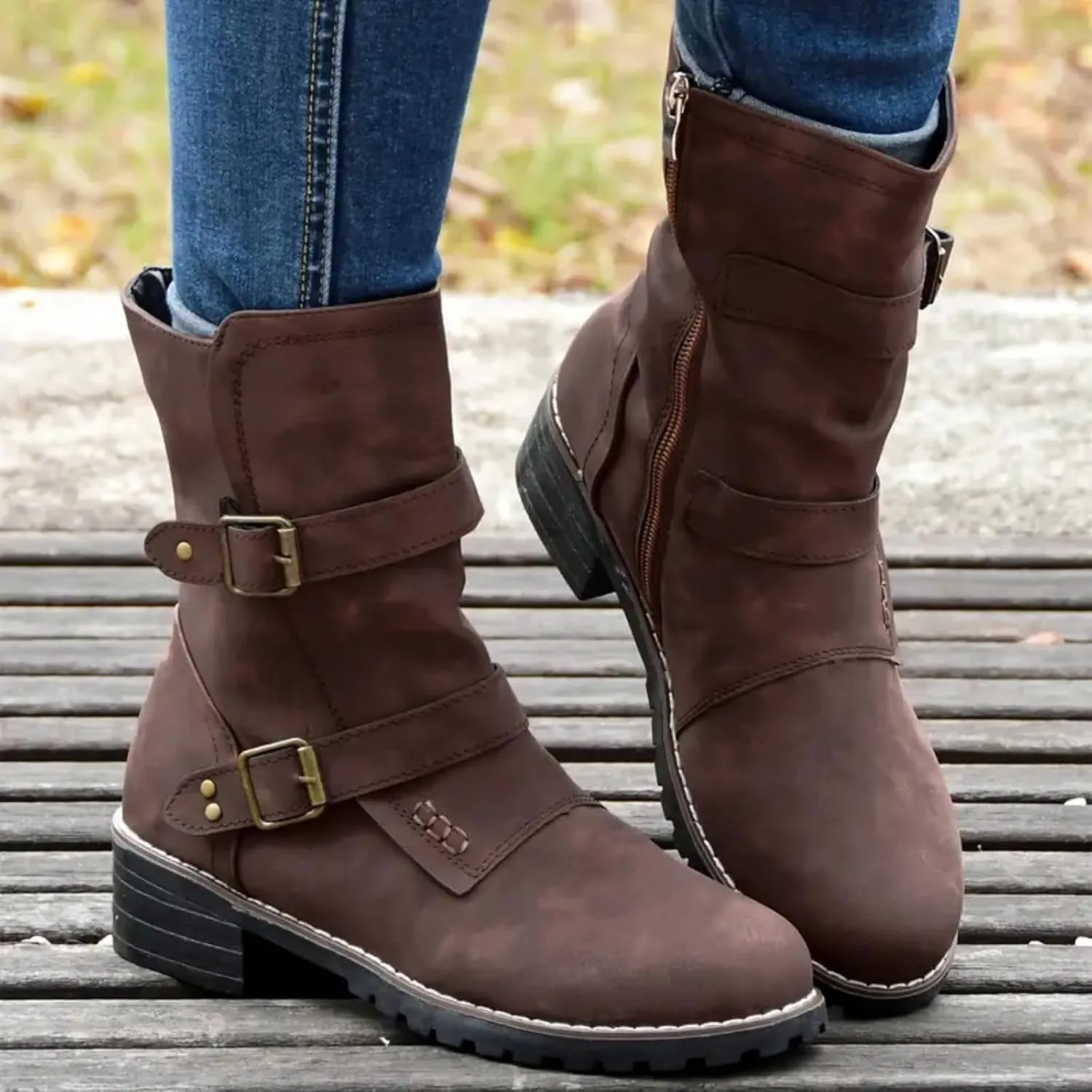 AMDBEL Fall Boots for Women 2024, Women's Ankle Boots Low Heel Slip On Boots Round Toe Ladies Party Short Booties Shoes