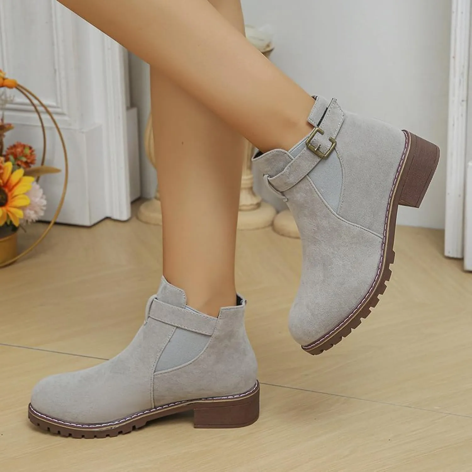 AMDBEL Womens Boots Ankle, Women's Ankle Boots Low Thick Heel Comfortable Round Toe Suede Short Boots Winter Shoes