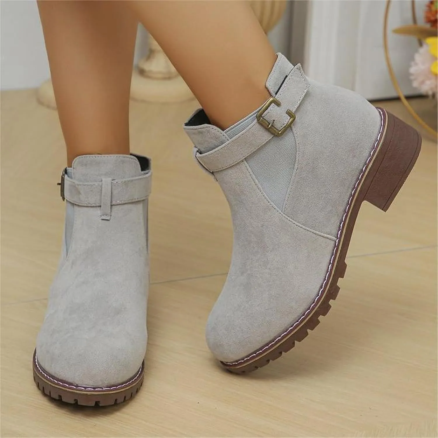 AMDBEL Womens Boots Ankle, Women's Ankle Boots Low Thick Heel Comfortable Round Toe Suede Short Boots Winter Shoes