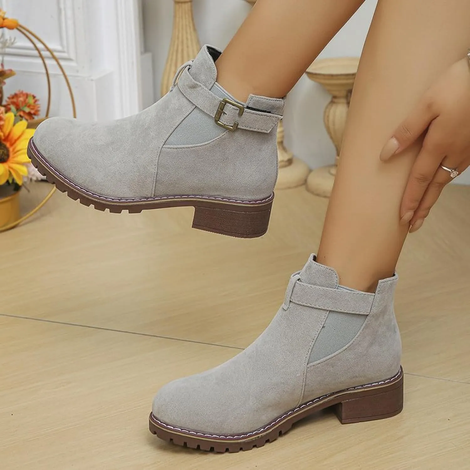 AMDBEL Womens Boots Ankle, Women's Ankle Boots Low Thick Heel Comfortable Round Toe Suede Short Boots Winter Shoes