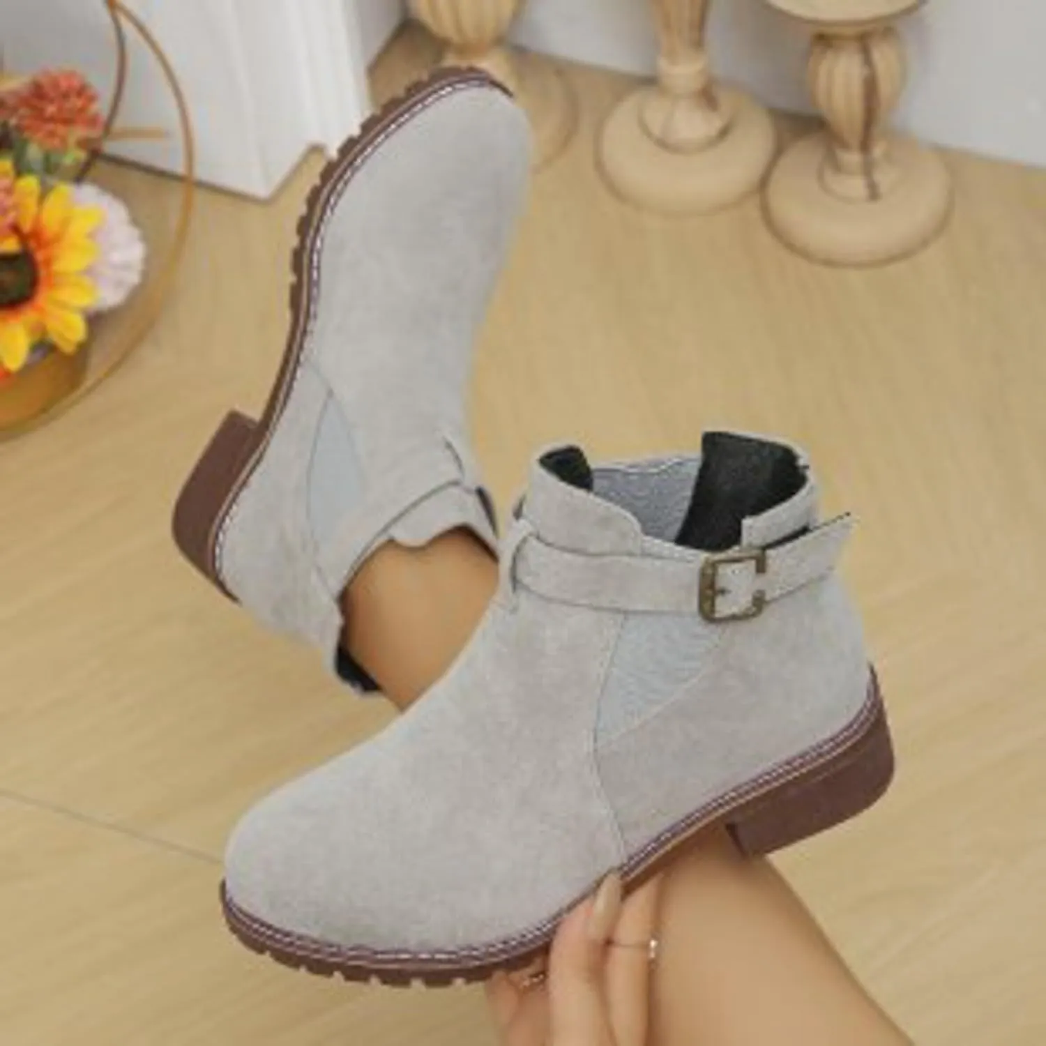 AMDBEL Womens Boots Ankle, Women's Ankle Boots Low Thick Heel Comfortable Round Toe Suede Short Boots Winter Shoes