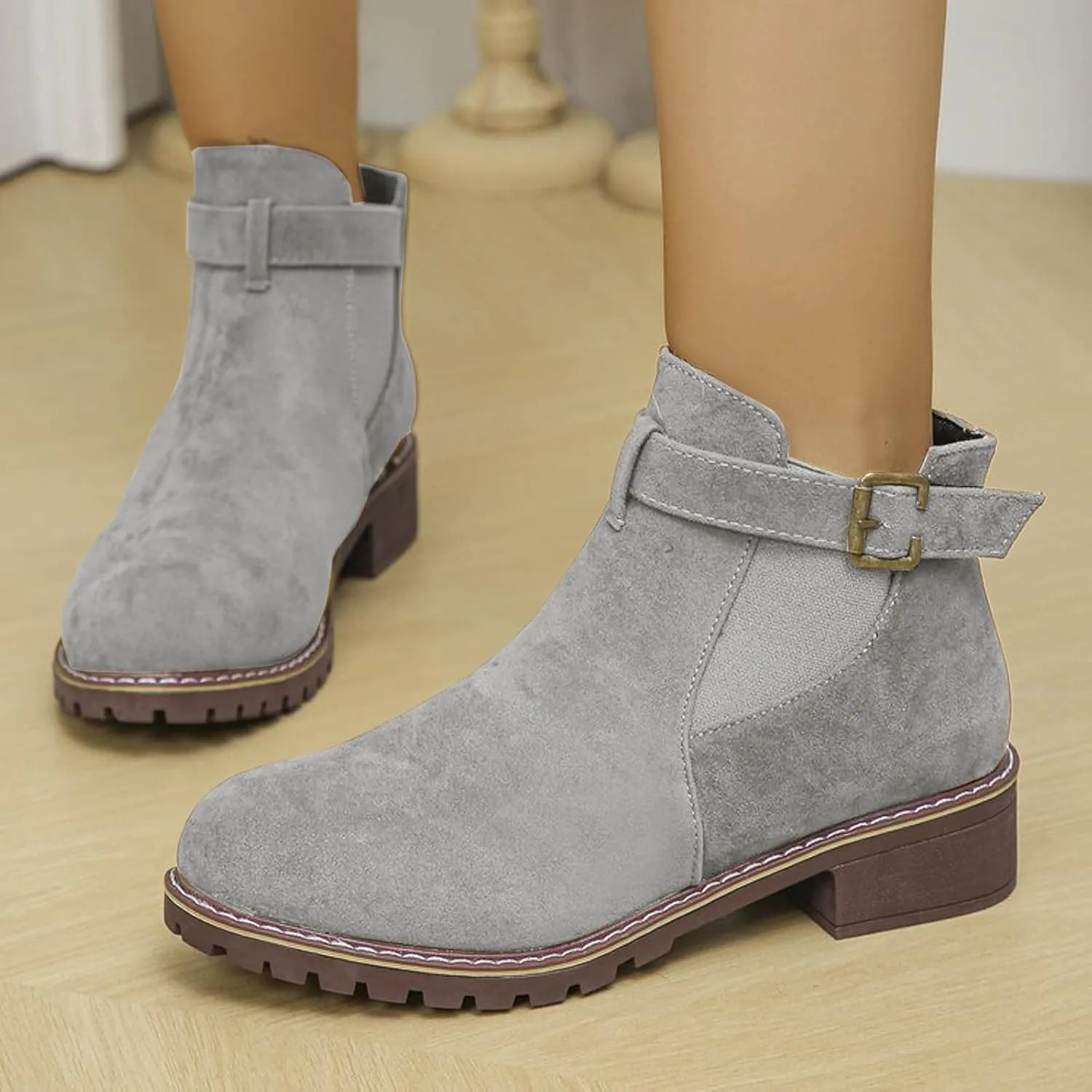AMDBEL Womens Boots Ankle, Women's Ankle Boots Low Thick Heel Comfortable Round Toe Suede Short Boots Winter Shoes