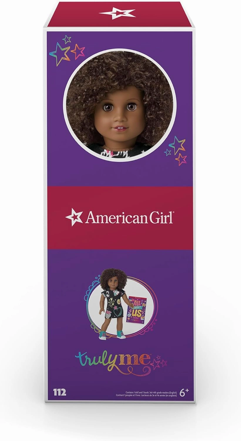 American Girl Truly Me 18-inch Doll #112 with Brown Eyes, Dark-Brown Hair, Deep Skin, Black T-shirt Dress, For Ages 6 