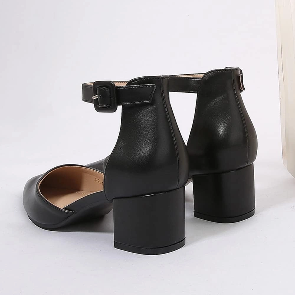 Amoji Women's 2 inch Pointed Toe Low Chunky Heels Dress Pumps Heeled Shoes with Ankle Strap 412