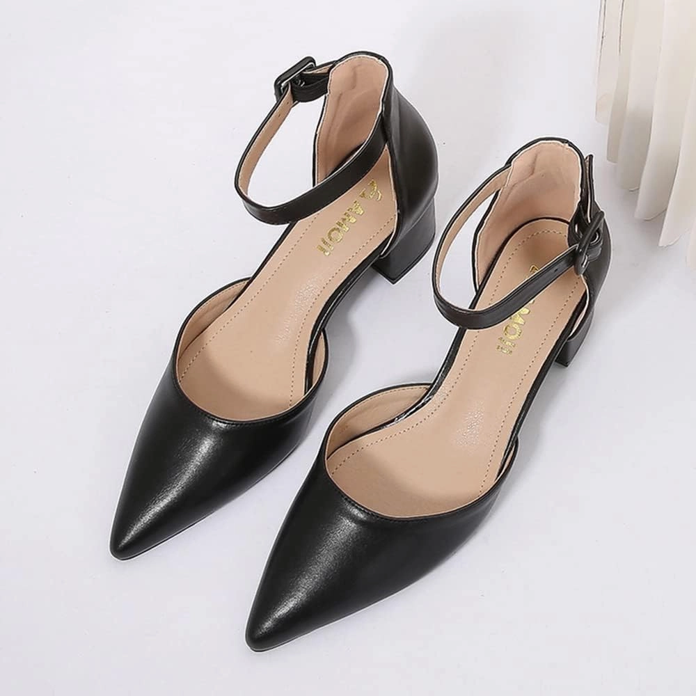 Amoji Women's 2 inch Pointed Toe Low Chunky Heels Dress Pumps Heeled Shoes with Ankle Strap 412