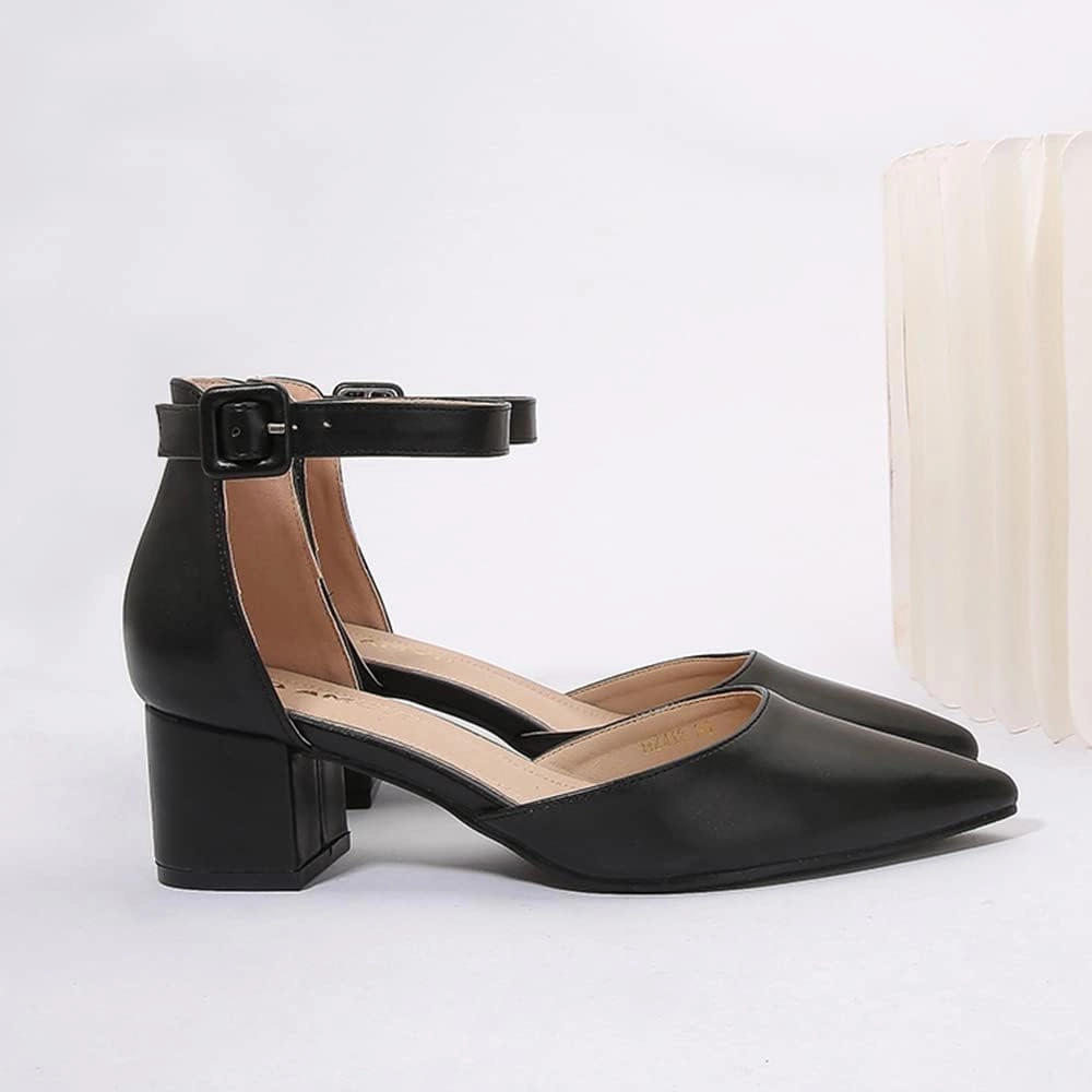 Amoji Women's 2 inch Pointed Toe Low Chunky Heels Dress Pumps Heeled Shoes with Ankle Strap 412