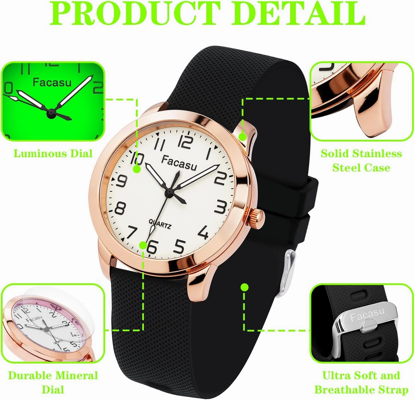 Analog Watch for Girls Ladies Women,Waterproof Simple Casual Luminous Dial Quartz Watch with Comfortable Soft Strap Easy to Read for Teen Girls Student Ages 12 