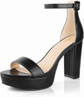 Ankis Chunky Platform Heels - 4 Inch Block Heeled Sandals for Women - Comfortable Open Toe Strappy Heels - Black, Nude, White, Silver, Gold - Summer Dress Shoes