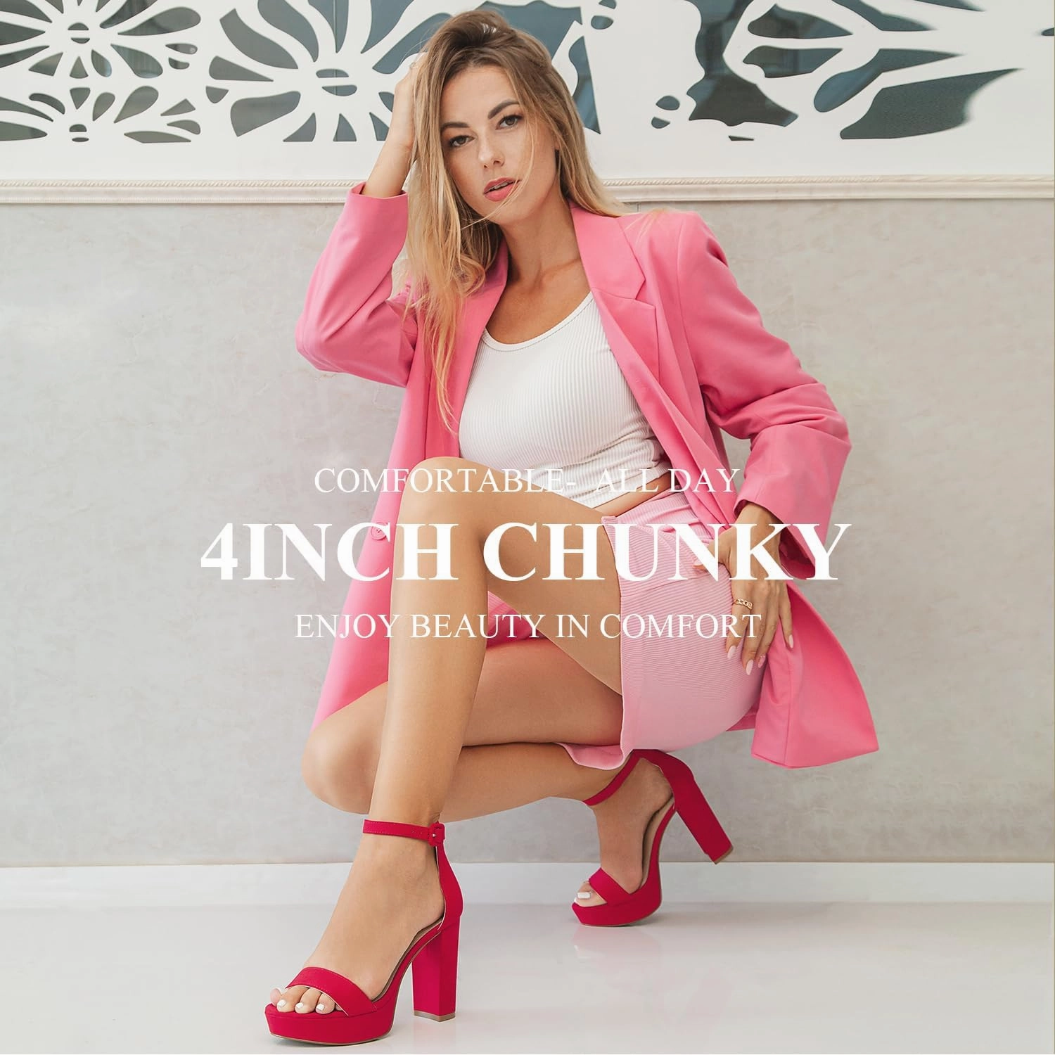 Ankis Chunky Platform Heels - 4 Inch Block Heeled Sandals for Women - Comfortable Open Toe Strappy Heels - Black, Nude, White, Silver, Gold - Summer Dress Shoes