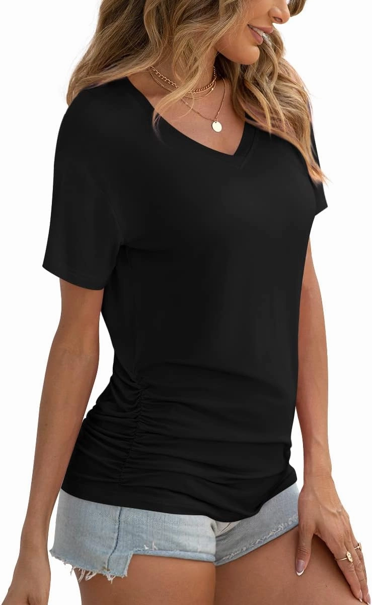 Anydoll Womens Ruched Tops 2025 Spring Summer Tunics Short Sleeve V Neck T Shirts Casual Dressy Tee with Side Shirring ﻿