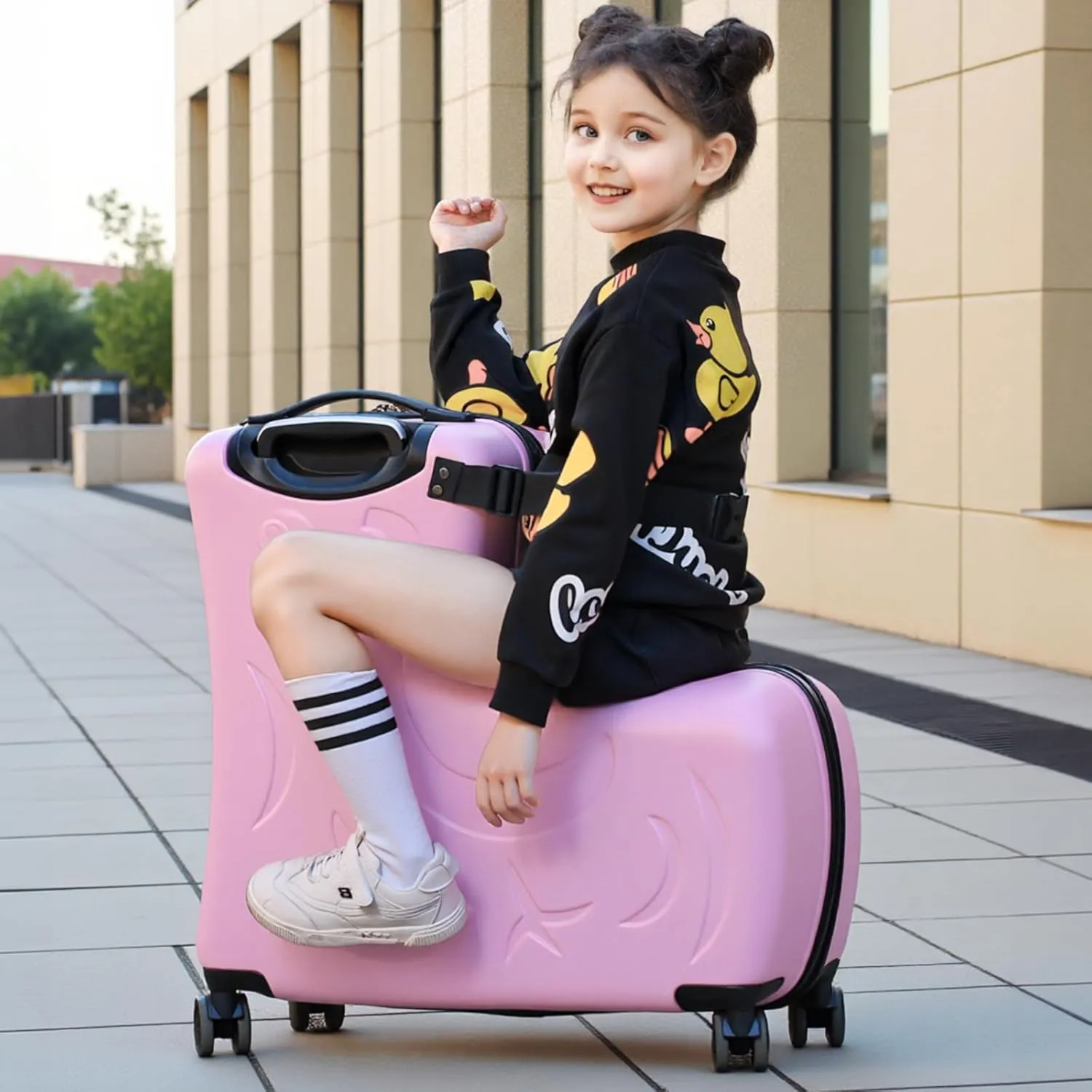 AO WEI LA OW Duffel Bag for Kids Ride-On Suitcase Carry-On Luggage with Wheels (Pink, 20 Inch（suggest 1-6 years old)