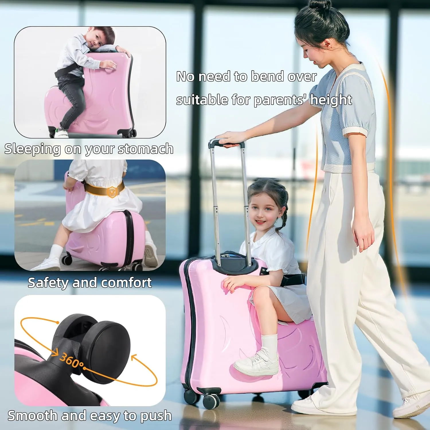 AO WEI LA OW Duffel Bag for Kids Ride-On Suitcase Carry-On Luggage with Wheels (Pink, 24 Inch(suggest 6-12 years old))