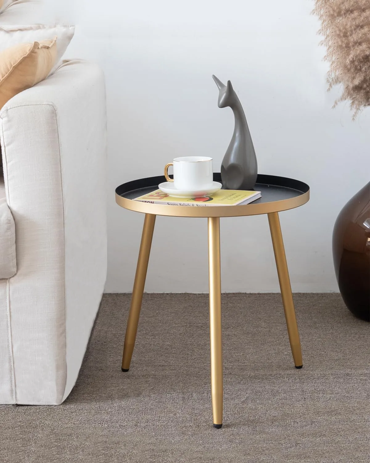 AOJEZOR Side Table: End Table for Any Room - Round Side Tables for Small Spaces - Black Top with 3 Gold Legged