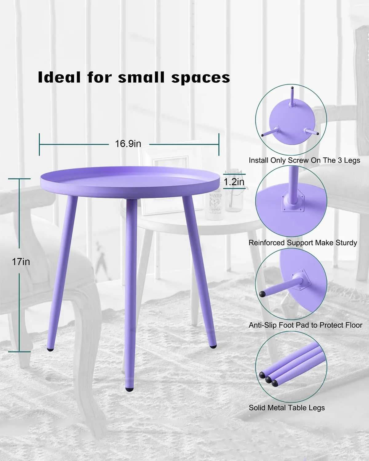 AOJEZOR Side Table: End Table for Any Room - Round Side Tables for Small Spaces - Lavender