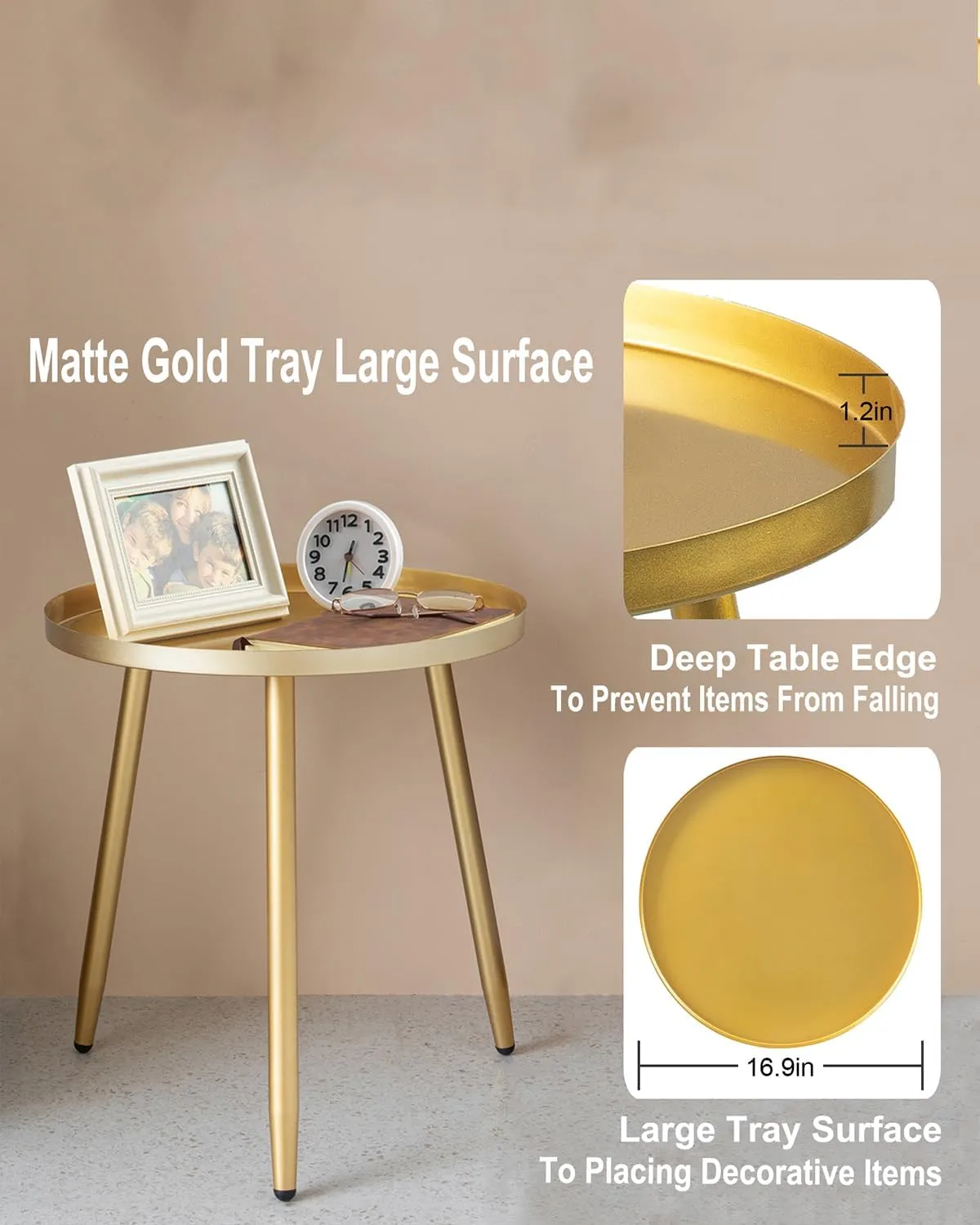 AOJEZOR Side Table: End Table for Any Room - Round Side Tables for Small Spaces - Matte Gold with 3 Legged