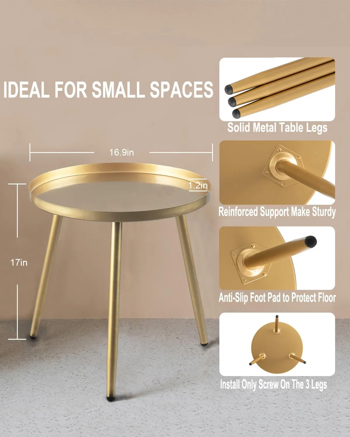 AOJEZOR Side Table: End Table for Any Room - Round Side Tables for Small Spaces - Matte Gold with 3 Legged