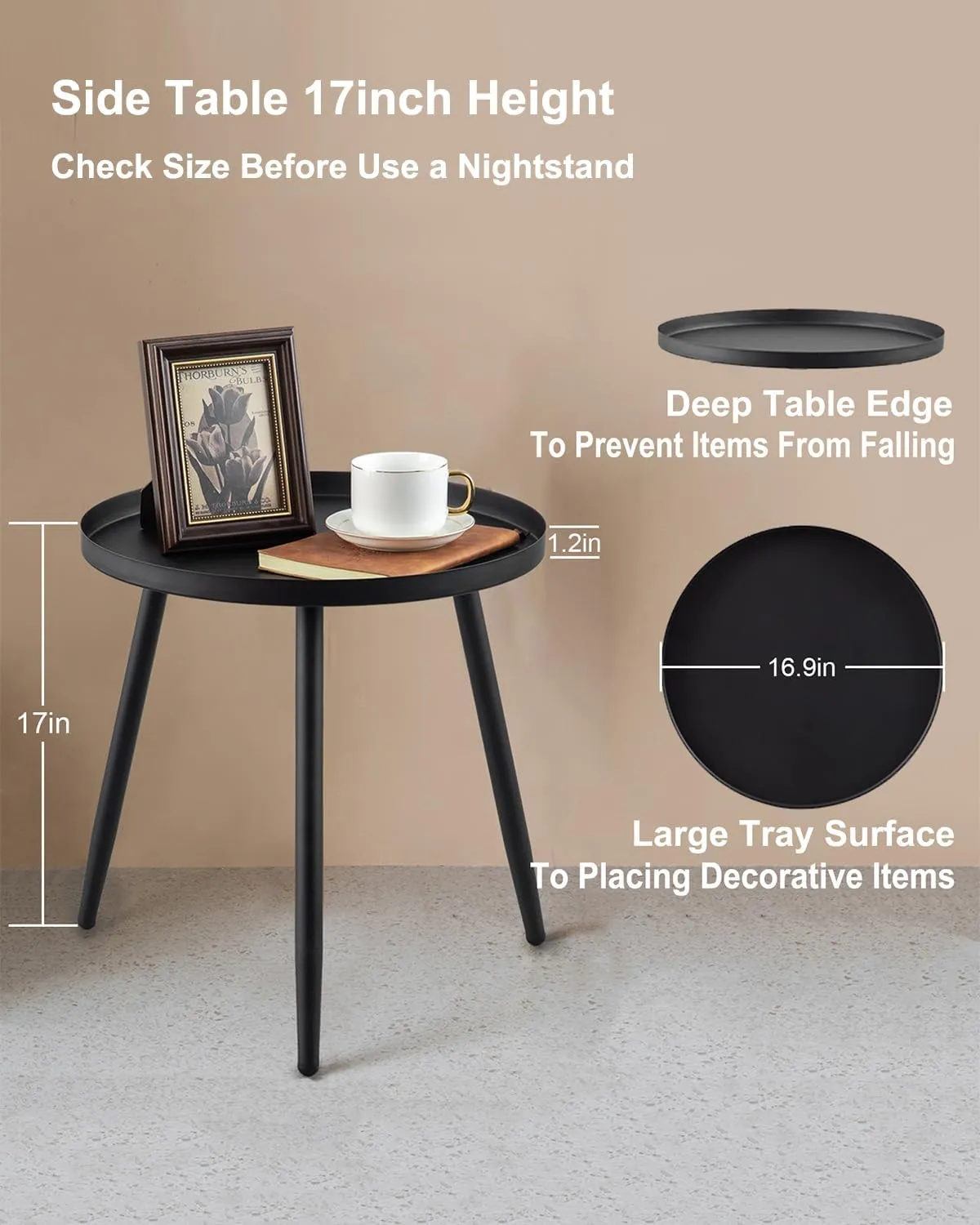 AOJEZOR Side Table: End Table for Indoor Use - Small Side Tables for Small Spaces All Matte Black with 3 Legged