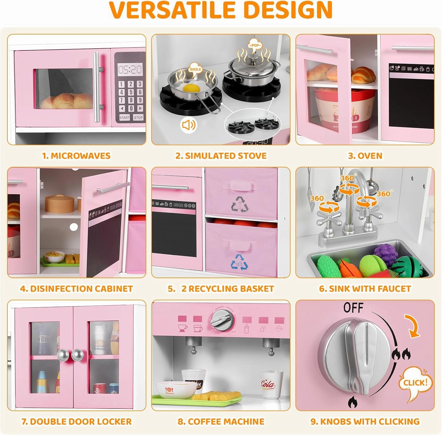 Arlopu Play Kitchen for Kids, Wooden Pretend Toy Kitchen, Large Toodler Cooking Playset w/Cookware, Stove w/Light & Sound, Fabric Boxs, Disinfection Locker, Coffee Maker, Sink, Modern (White & Pink)