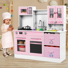 Arlopu Play Kitchen for Kids, Wooden Pretend Toy Kitchen, Large Toodler Cooking Playset w/Cookware, Stove w/Light & Sound, Fabric Boxs, Disinfection Locker, Coffee Maker, Sink, Modern (White & Pink)