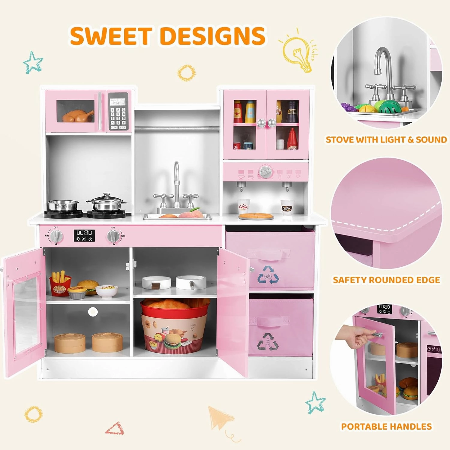 Arlopu Play Kitchen for Kids, Wooden Pretend Toy Kitchen, Large Toodler Cooking Playset w/Cookware, Stove w/Light & Sound, Fabric Boxs, Disinfection Locker, Coffee Maker, Sink, Modern (White & Pink)