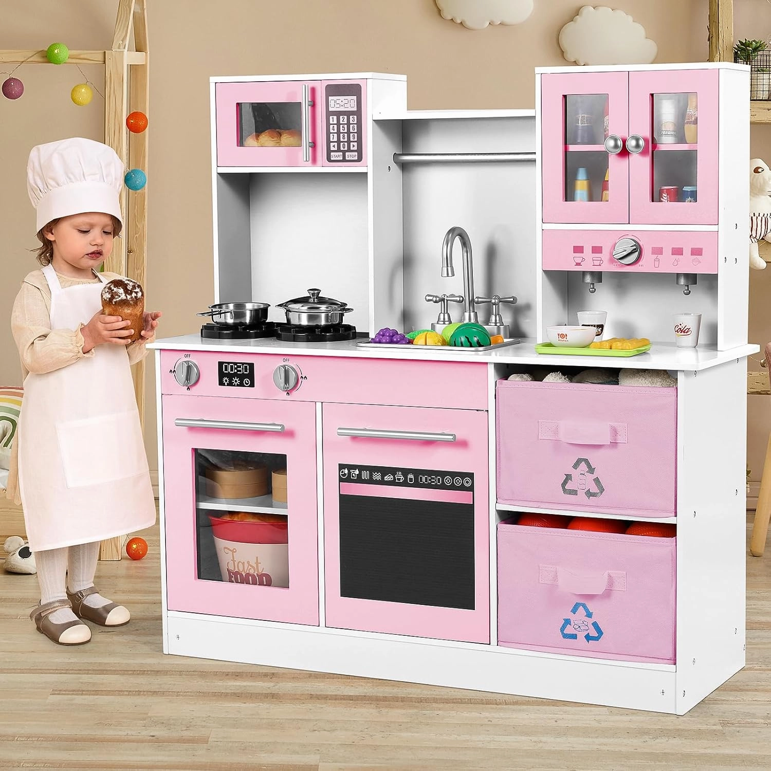 Arlopu Play Kitchen for Kids, Wooden Pretend Toy Kitchen, Large Toodler Cooking Playset w/Cookware, Stove w/Light & Sound, Fabric Boxs, Disinfection Locker, Coffee Maker, Sink, Modern (White & Pink)