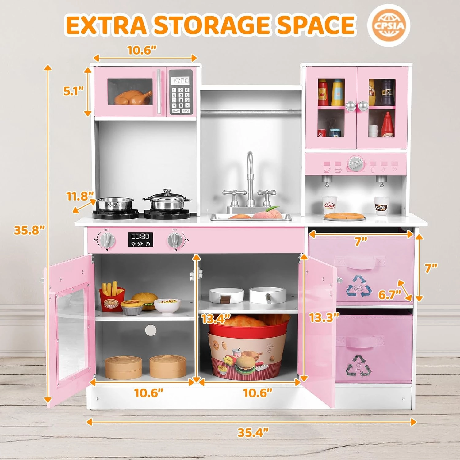 Arlopu Play Kitchen for Kids, Wooden Pretend Toy Kitchen, Large Toodler Cooking Playset w/Cookware, Stove w/Light & Sound, Fabric Boxs, Disinfection Locker, Coffee Maker, Sink, Modern (White & Pink)